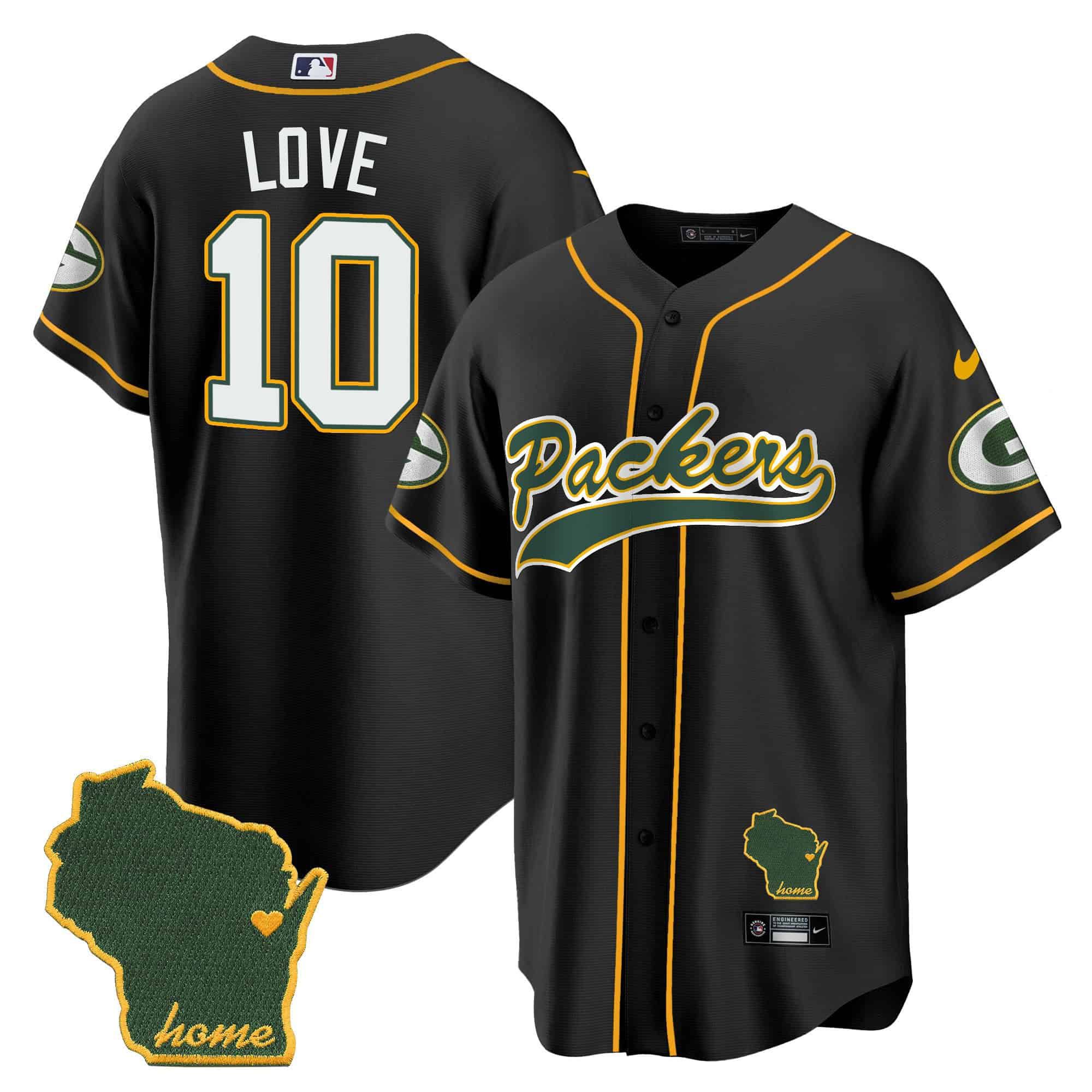 Men Green Bay Packers #10 Love Black 2024 Nike Home Patch Baseball NFL Jersey